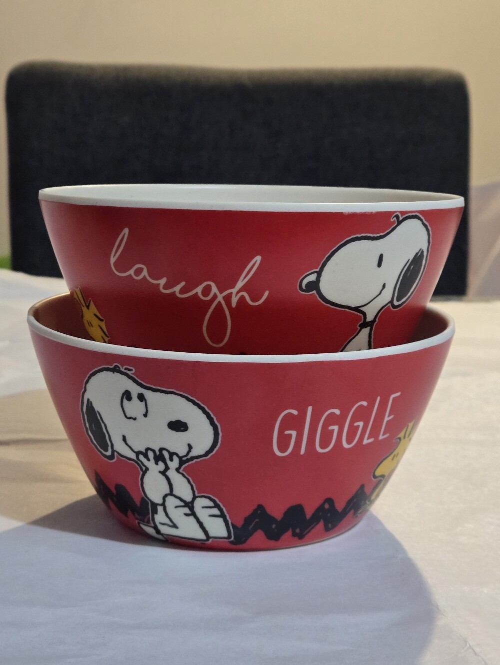 Snoopy & Woodstock Red 'Laugh' & 'Giggle' Bamboo Bowls